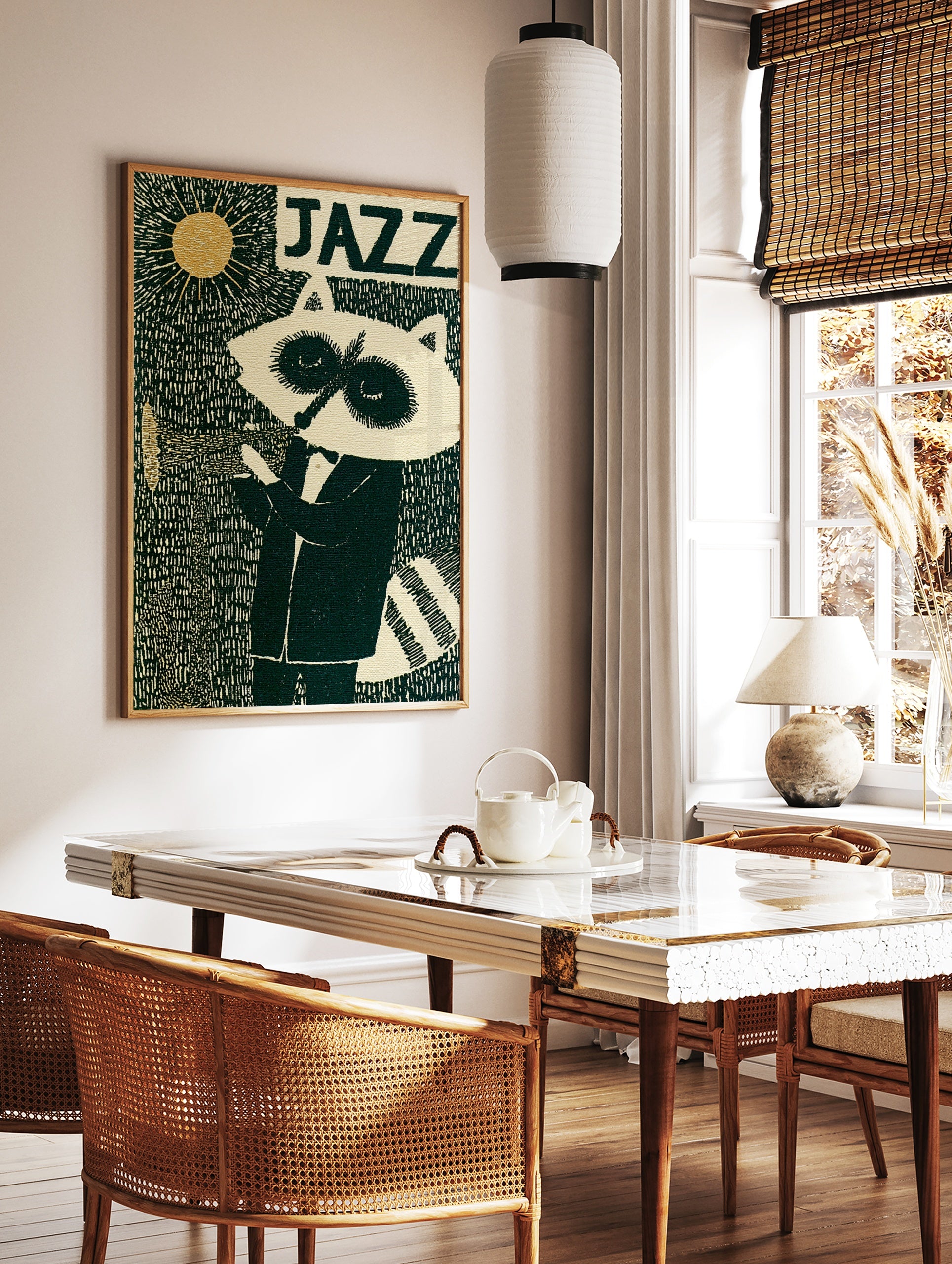 Jazz raccoon wall art print featuring a raccoon playing a trumpet under a golden sun with graphic, in a styled room mockup