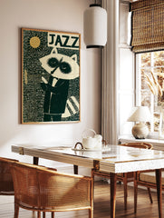 Jazz raccoon wall art print featuring a raccoon playing a trumpet under a golden sun with graphic, in a styled room mockup