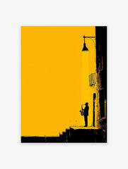 Silhouette of a jazz saxophone player under a street lamp in a yellow and black urban alleyway art print.