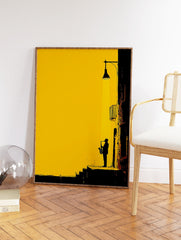 Silhouette of a jazz saxophone player under a street lamp in a yellow and black urban alleyway art print. - Image 2