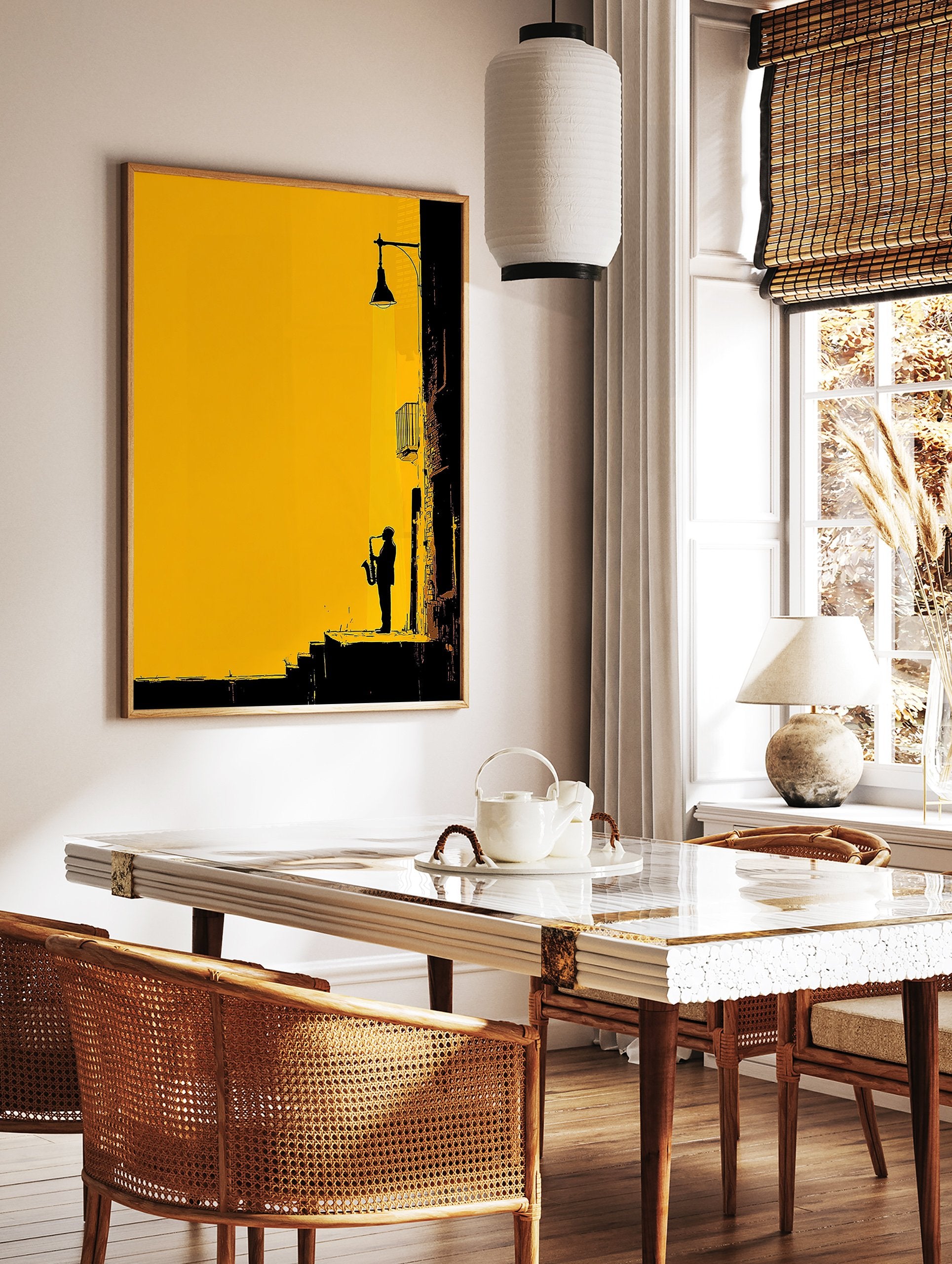 Silhouette of a jazz saxophone player under a street lamp in a yellow and black urban alleyway art print. - Image 3
