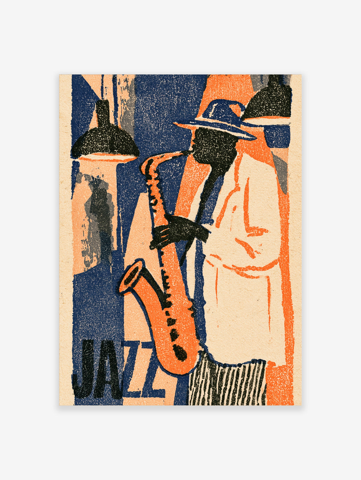 Jazz saxophone poster with silhouetted musician in blue hat, orange saxophone, and JAZZ typography