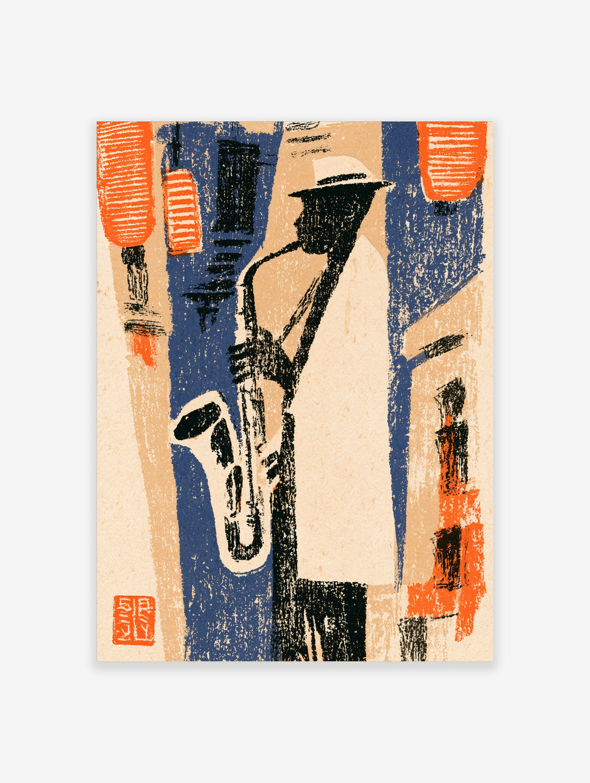 Jazz saxophone poster with silhouetted musician in white suit and hat, blue background, orange lanterns, red seal