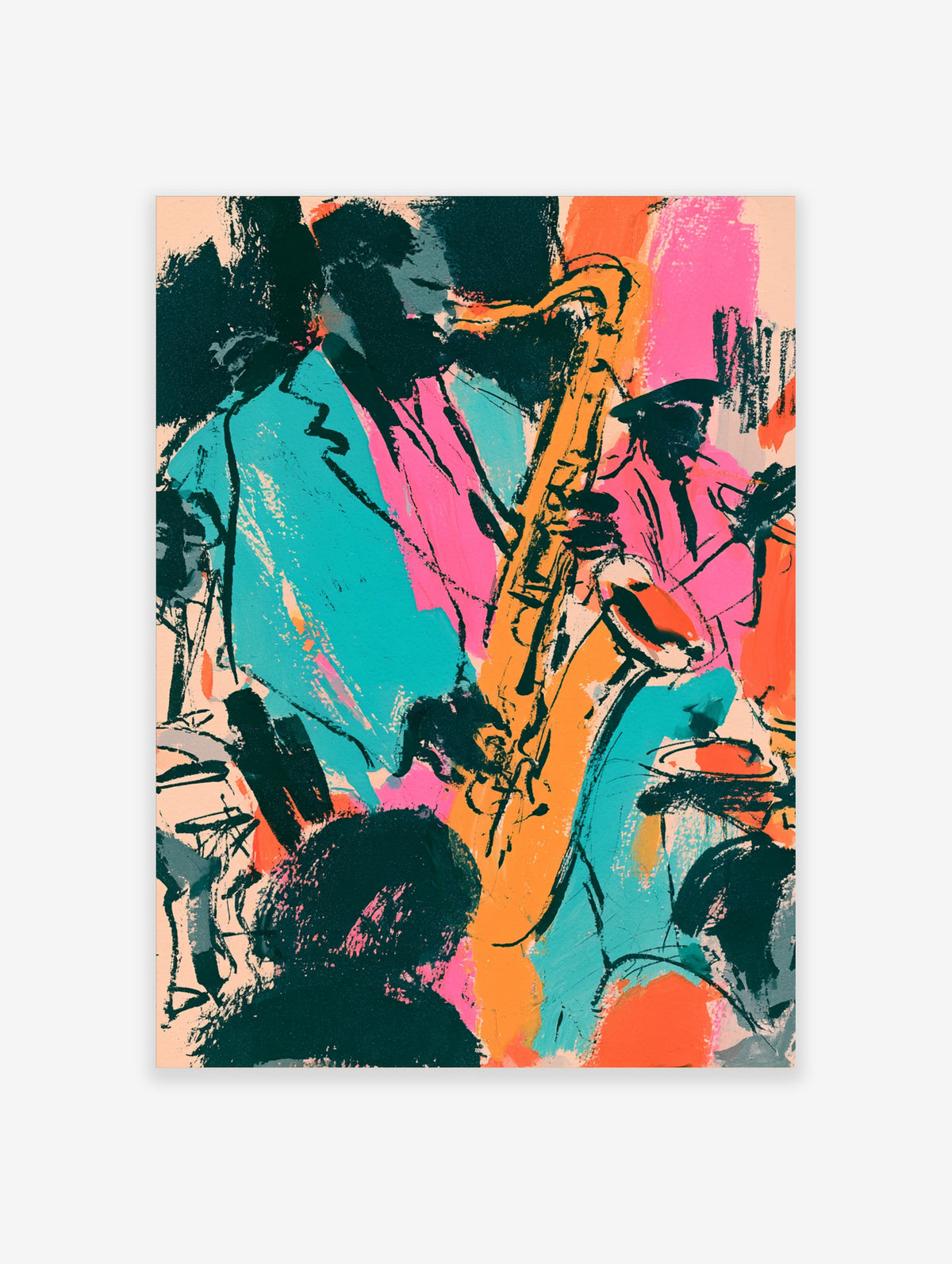 Colourful jazz saxophone poster with musician in teal suit and black silhouettes