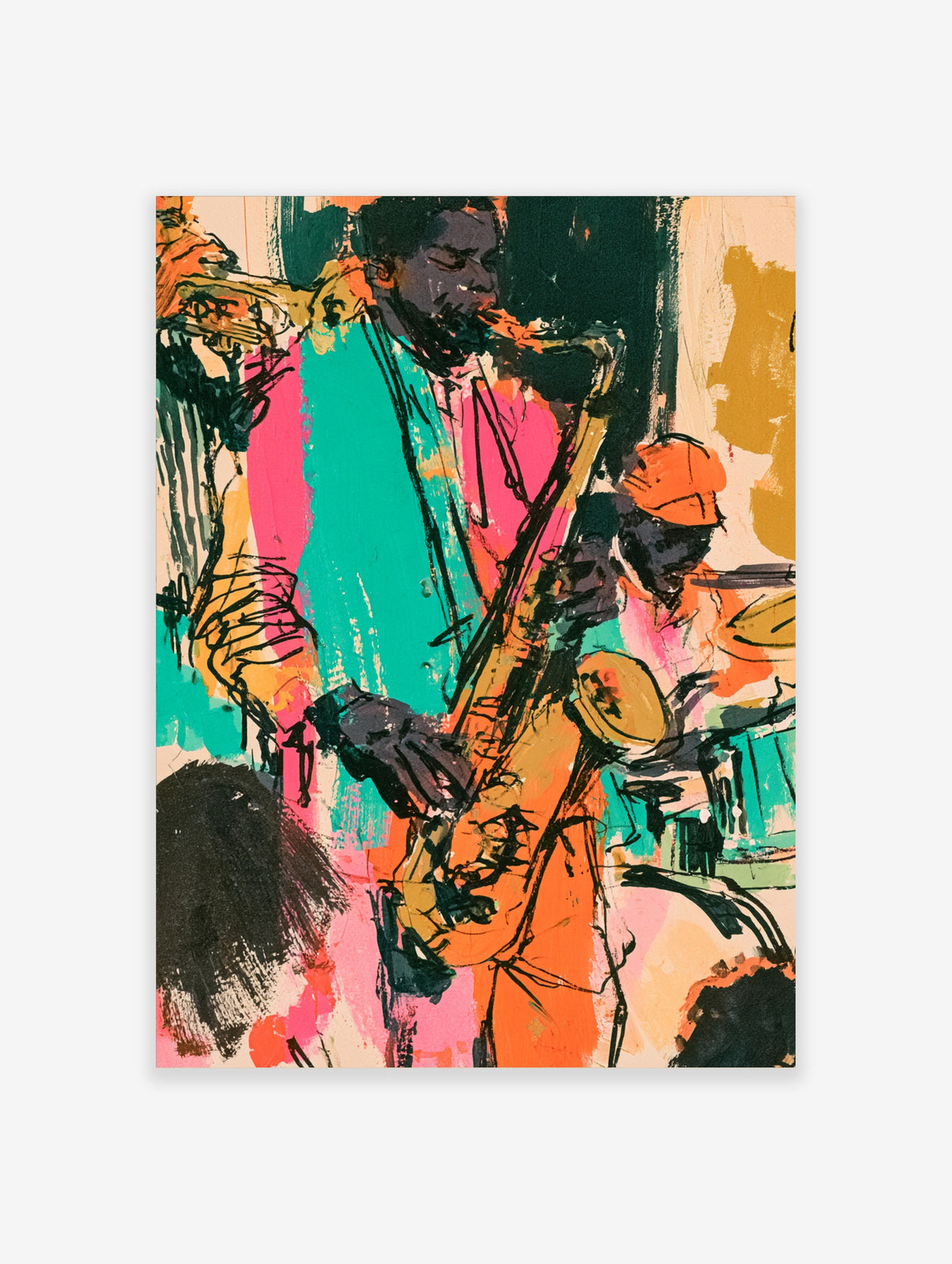 Jazz saxophone player poster with pink teal orange blocks and black linework