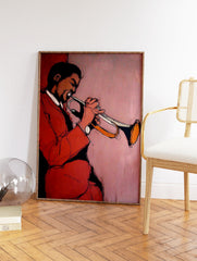 Abstract art print of a jazz musician playing a trumpet in red and brown tones against a light pink background. - Image 2