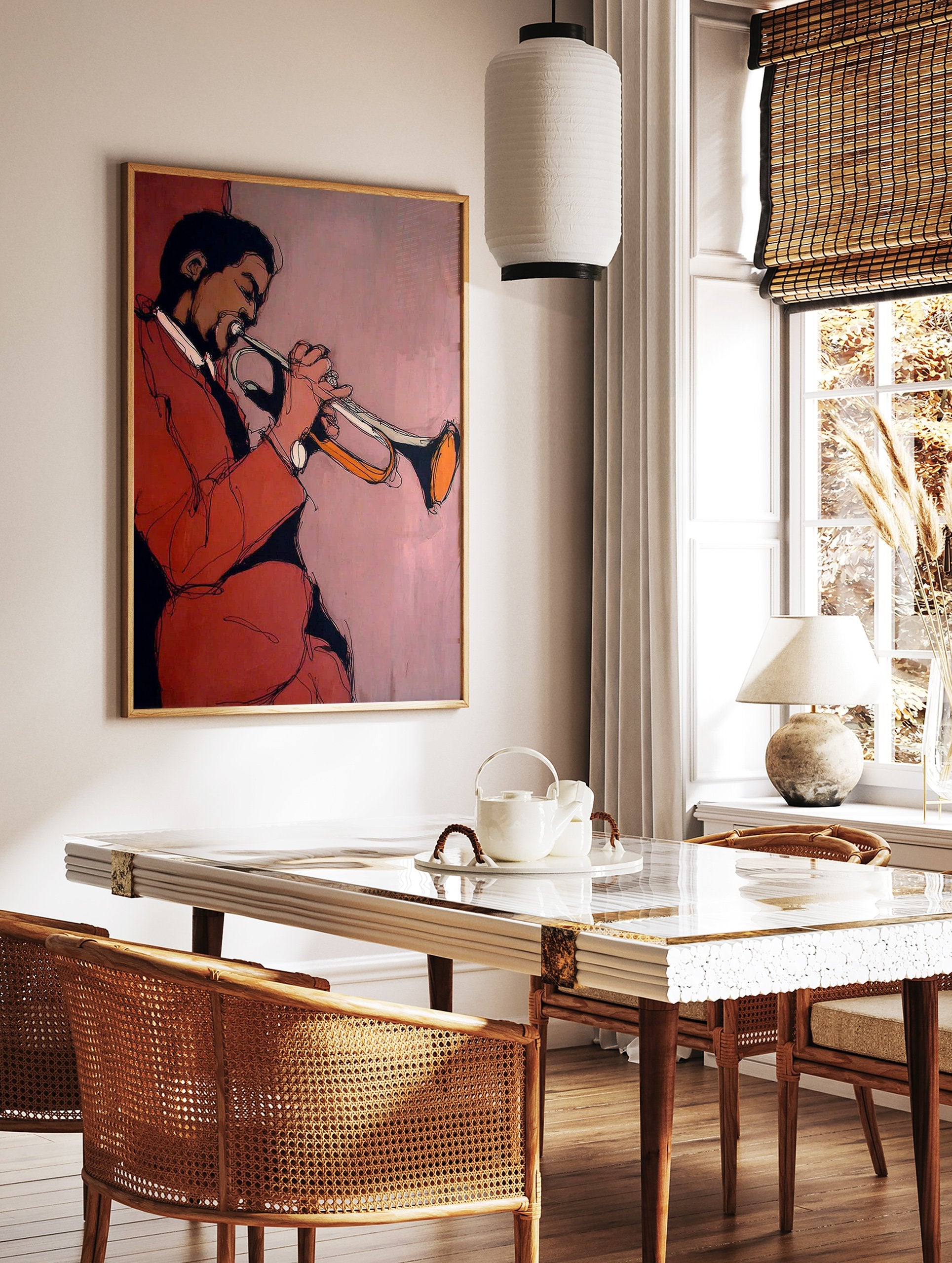 Abstract art print of a jazz musician playing a trumpet in red and brown tones against a light pink background. - Image 3