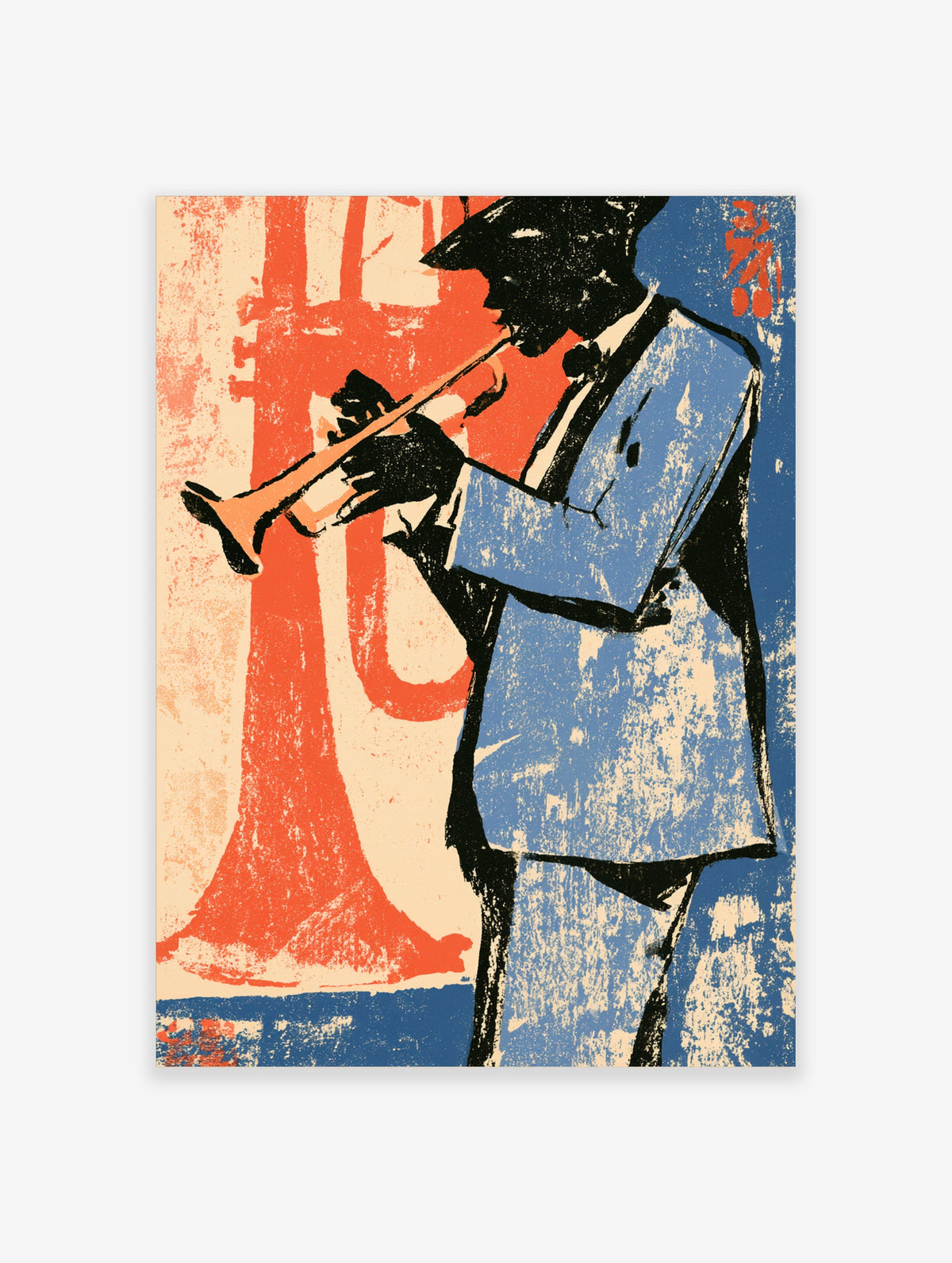 Jazz trumpet player poster with black silhouette in blue suit on orange and cream background