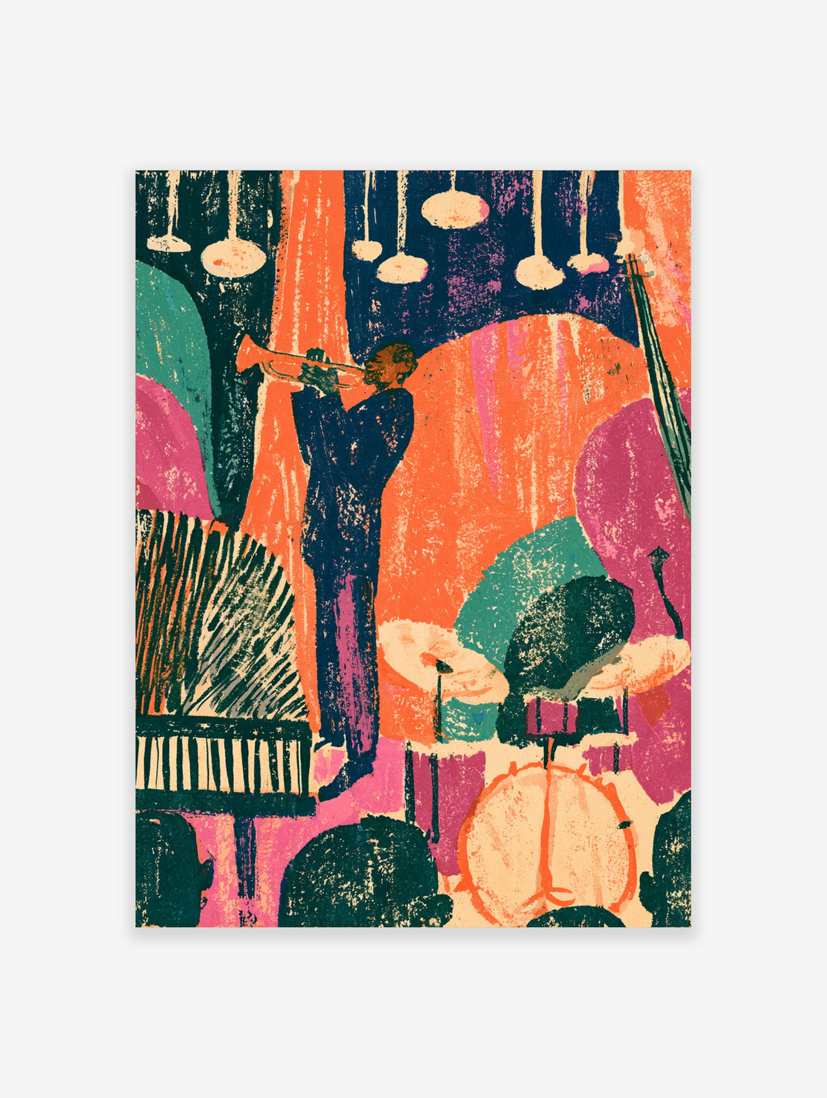 Colourful jazz trumpet player poster with silhouetted musician, drum kit, and pendant lights