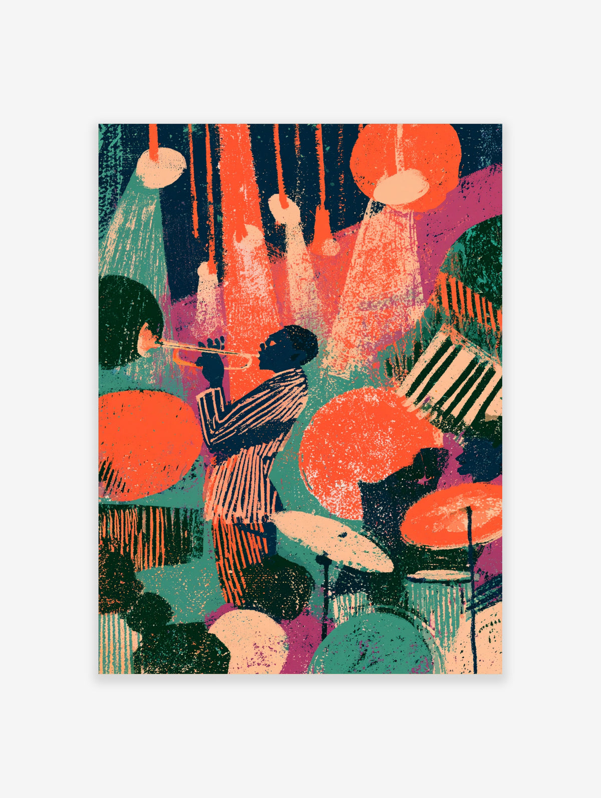 Jazz trumpet player in striped suit with drum kit and orange spotlights, retro music poster