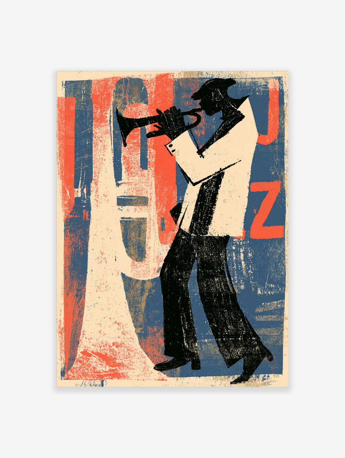 Jazz trumpet player poster with silhouetted musician, cream suit, black hat, orange and blue JAZZ typography