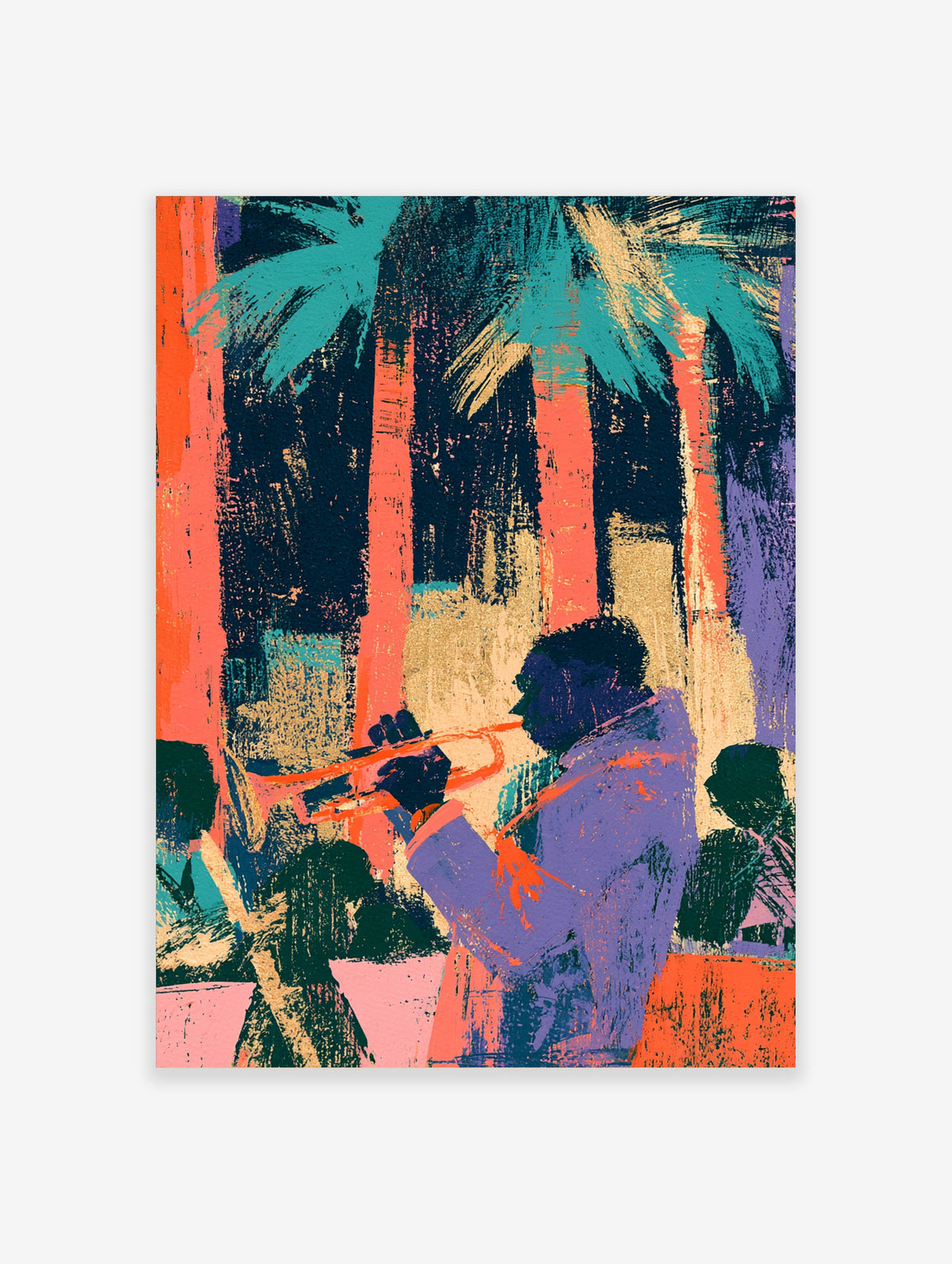 Jazz trumpet player poster with silhouetted musician, coral palm trees, and teal fronds