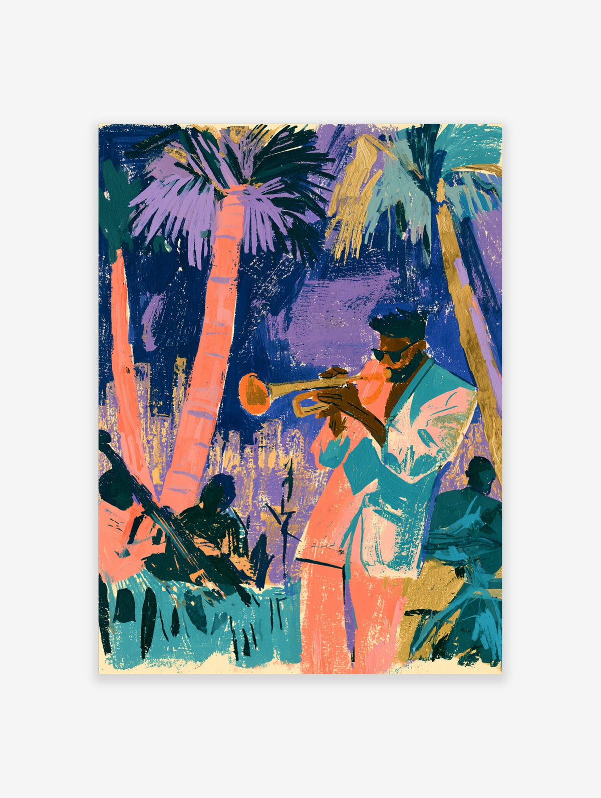 Jazz trumpet player in sunglasses and teal jacket with palm trees and city skyline at night