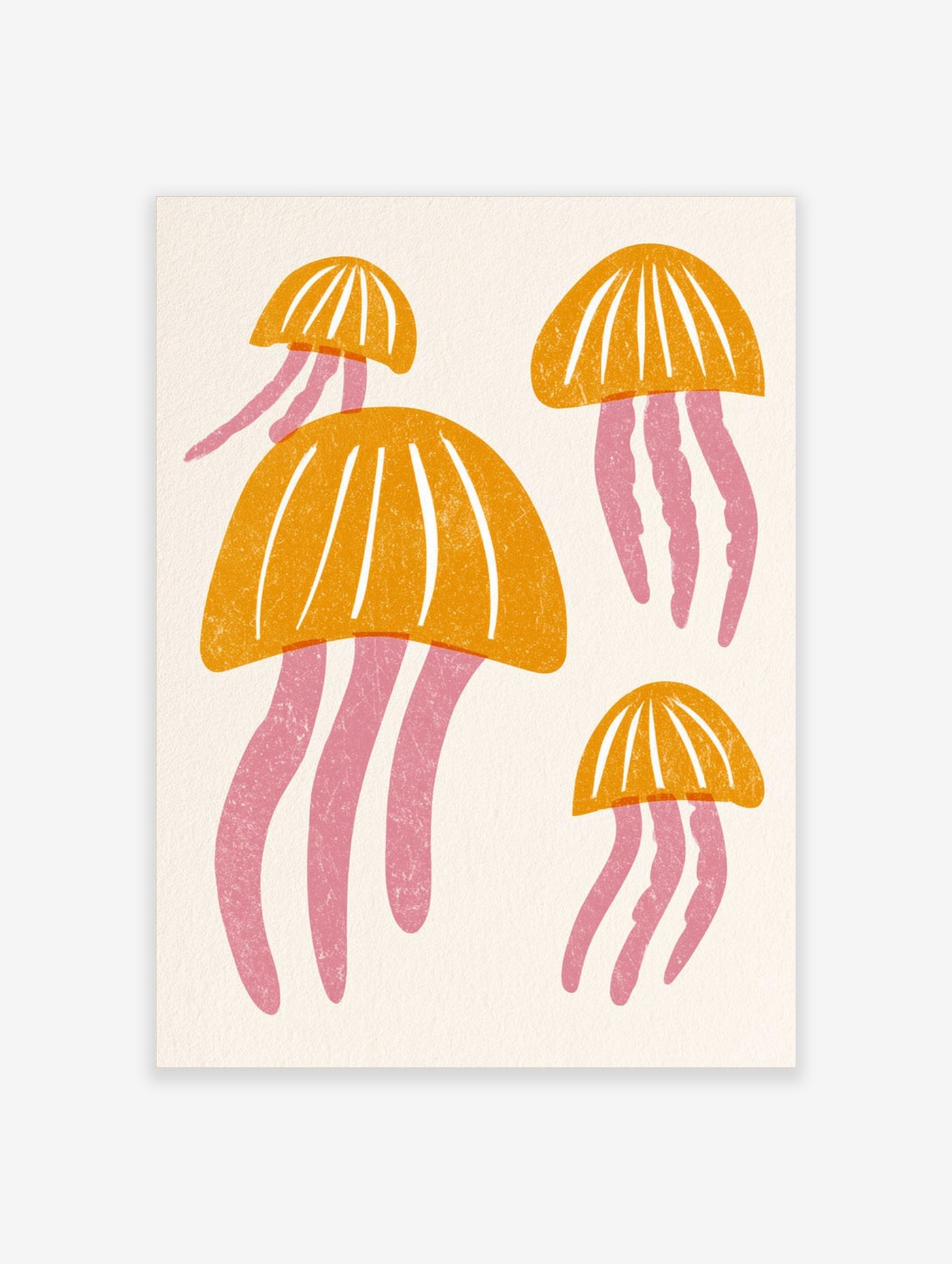 Minimalist illustration of four orange jellyfish with pink tentacles on a textured off-white background