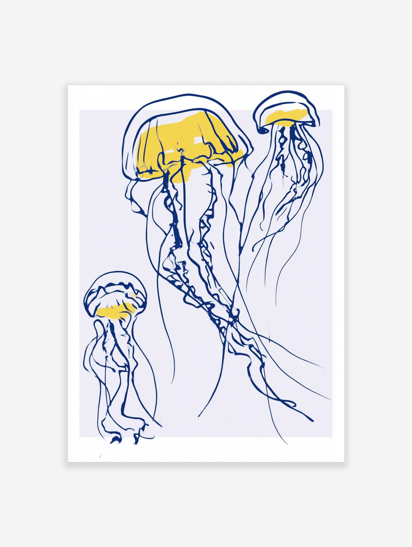 Minimalist jellyfish line art illustration with blue outlines and yellow colour patches on a white background