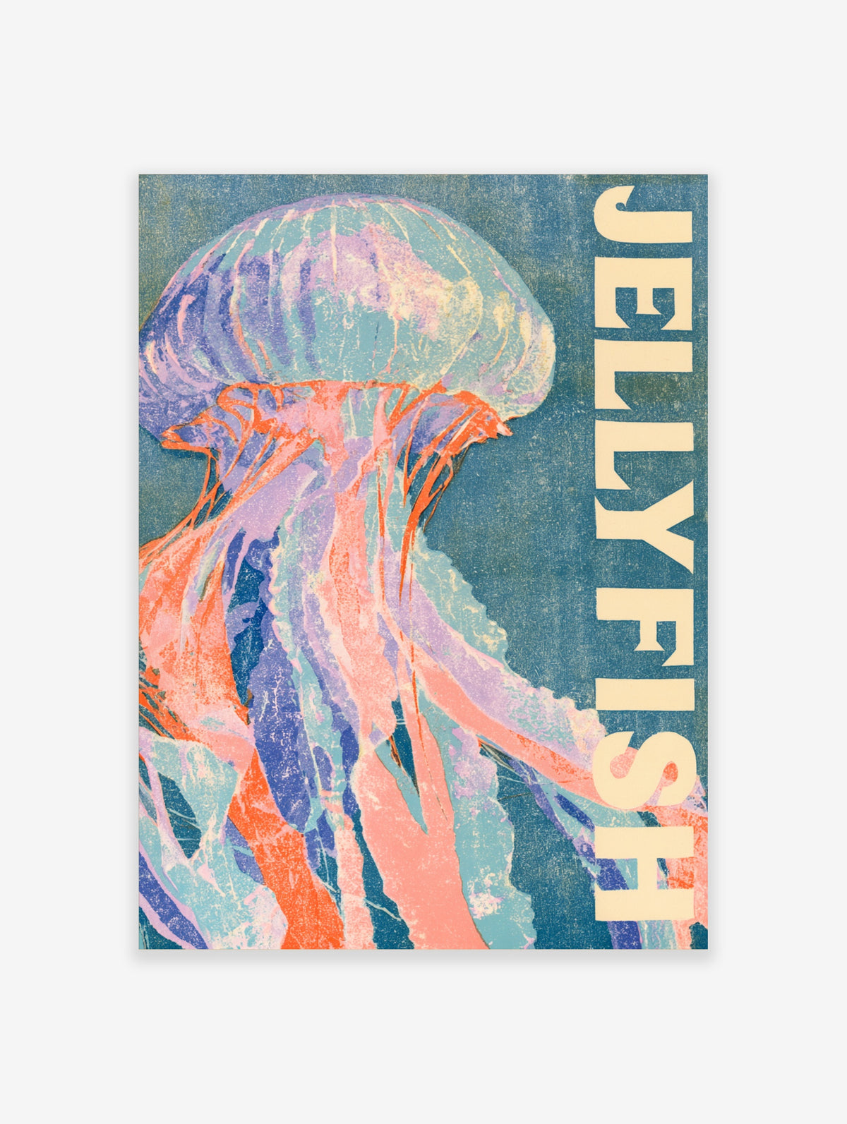 Jellyfish poster with blue and orange jellyfish and vertical JELLYFISH text on teal background