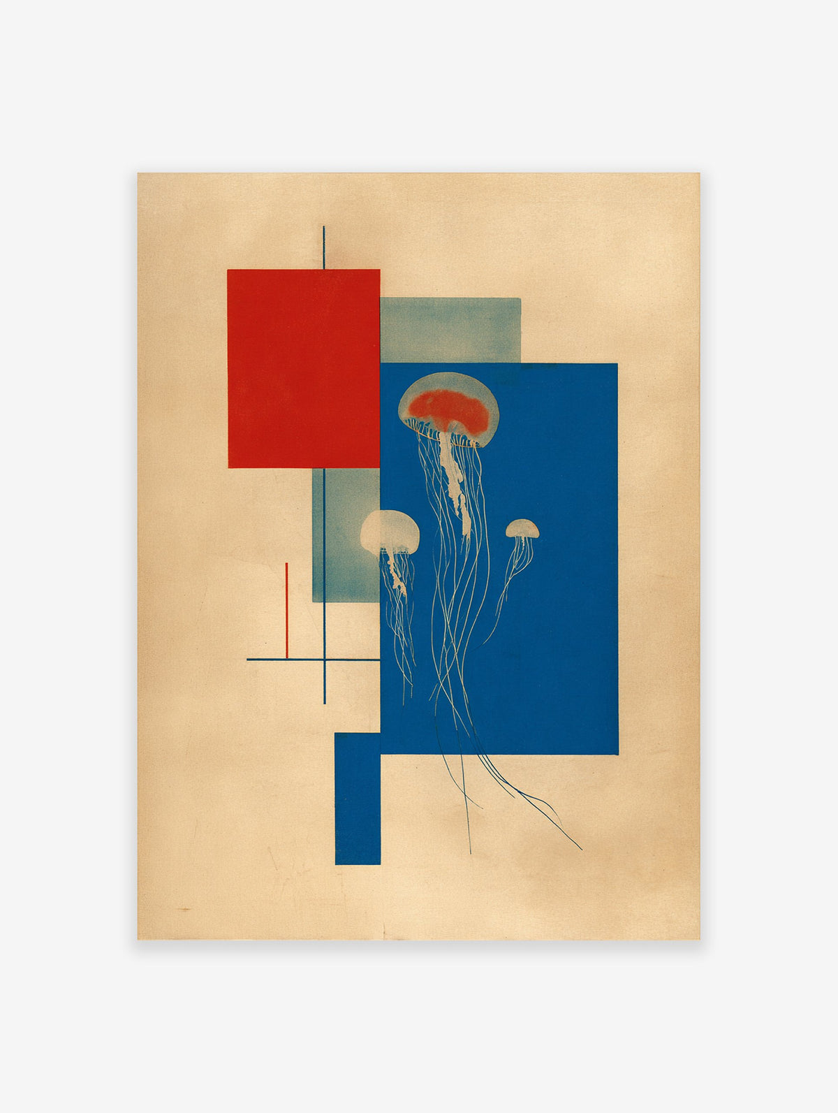 Abstract jellyfish wall art print featuring red and blue geometric shapes on a beige background with white jellyfish illustrations.