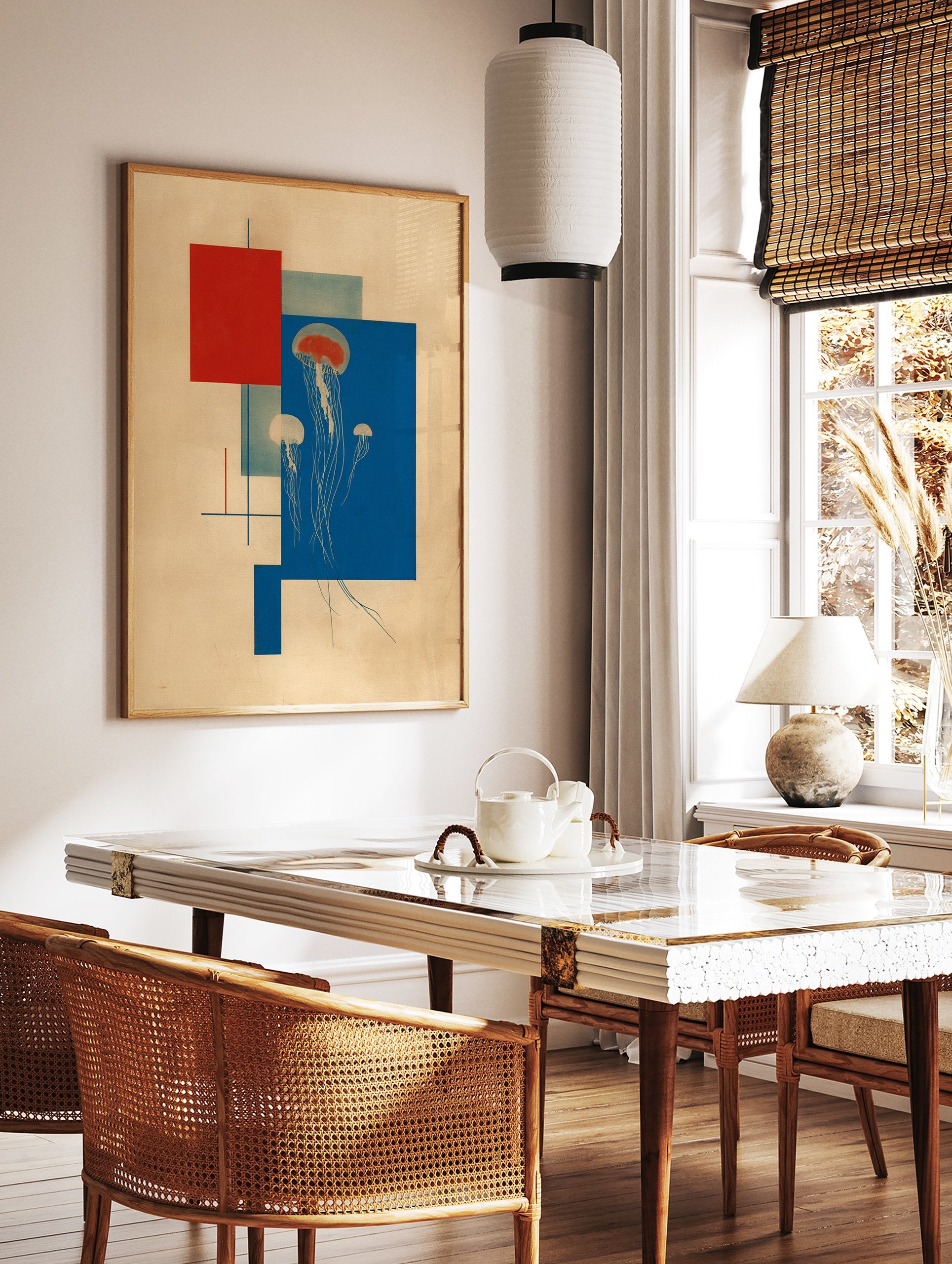 Abstract jellyfish wall art print featuring red and blue geometric shapes on a beige background with white jellyfish illustrations. - Image 3