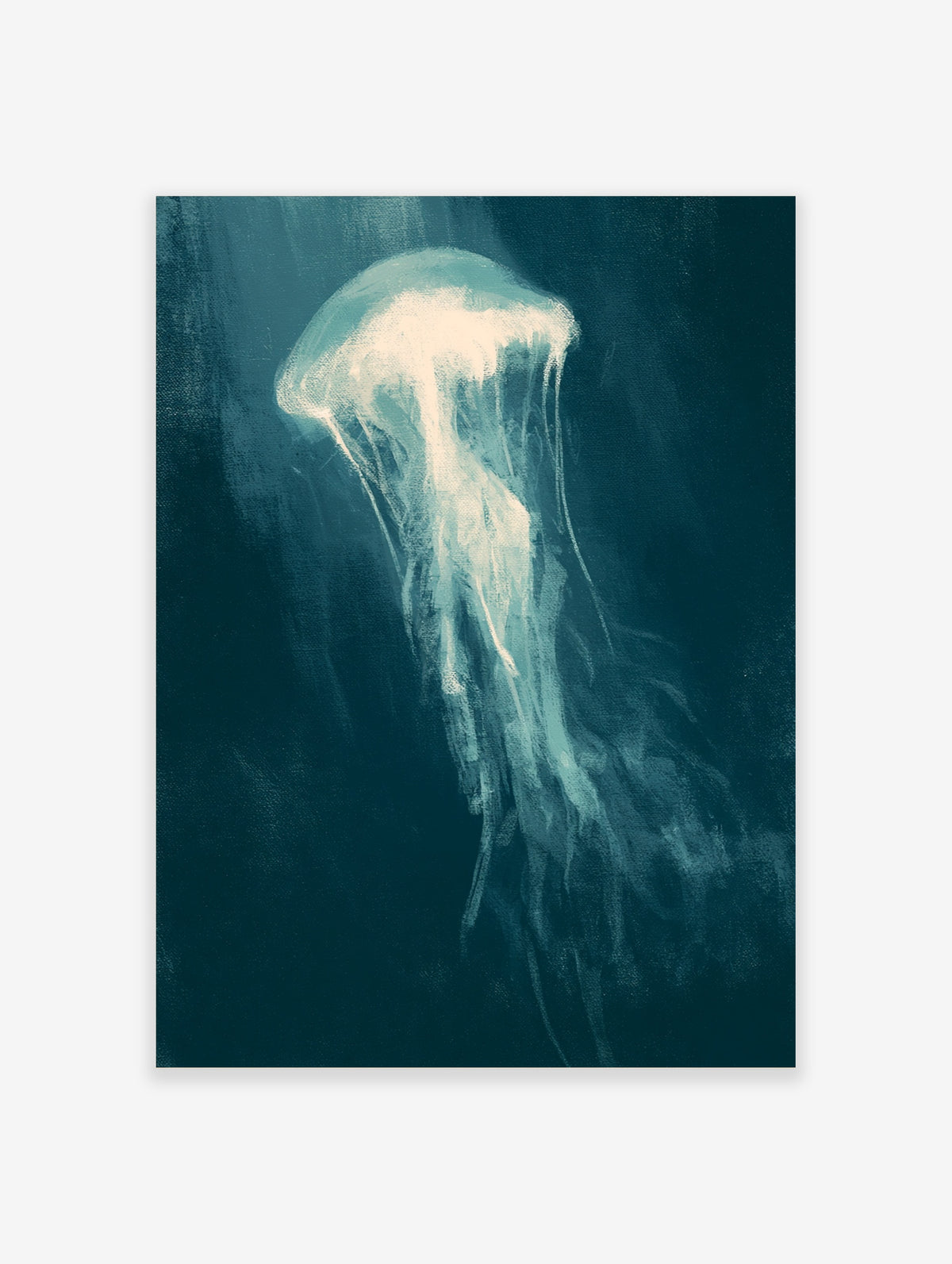 Luminous jellyfish art print with glowing bell and trailing tentacles on deep teal background