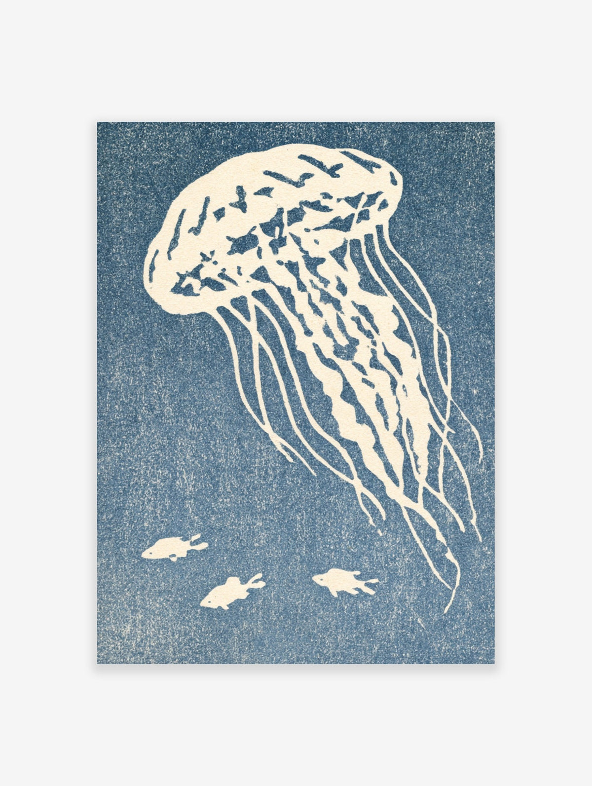 Jellyfish and small fish marine illustration in blue and white, nautical wall art print