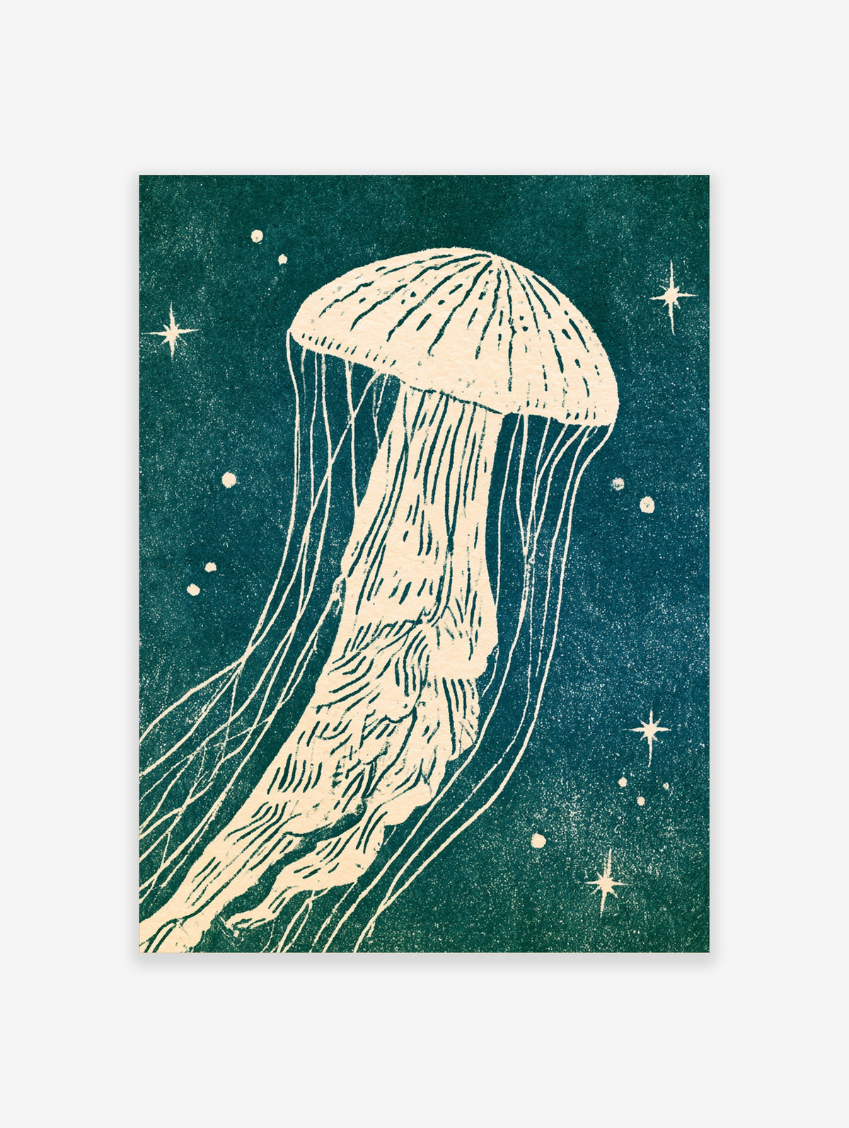 Cream jellyfish with long tentacles on a teal background with stars, marine art print