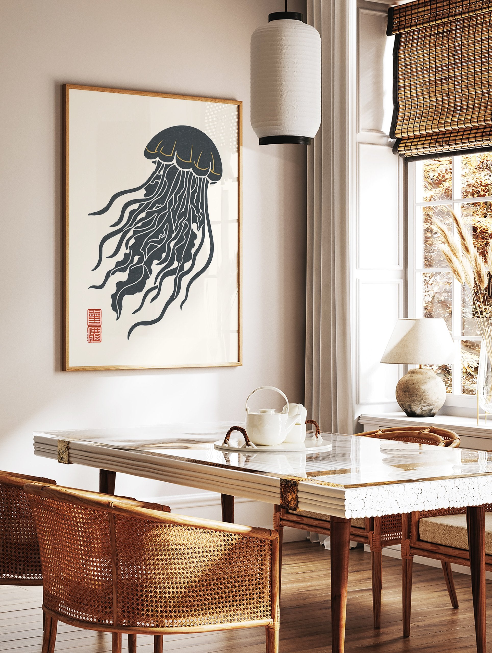 Illustrative dark grey jellyfish wall art print with gold accents and a red stamp on a light cream background. - Image 2
