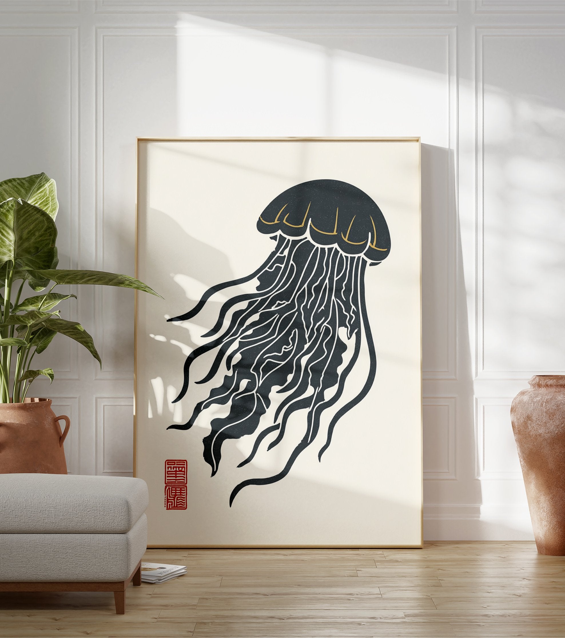 Illustrative dark grey jellyfish wall art print with gold accents and a red stamp on a light cream background. - Image 3