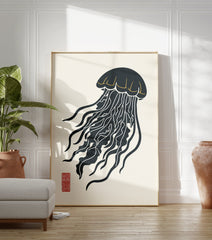 Illustrative dark grey jellyfish wall art print with gold accents and a red stamp on a light cream background. - Image 3