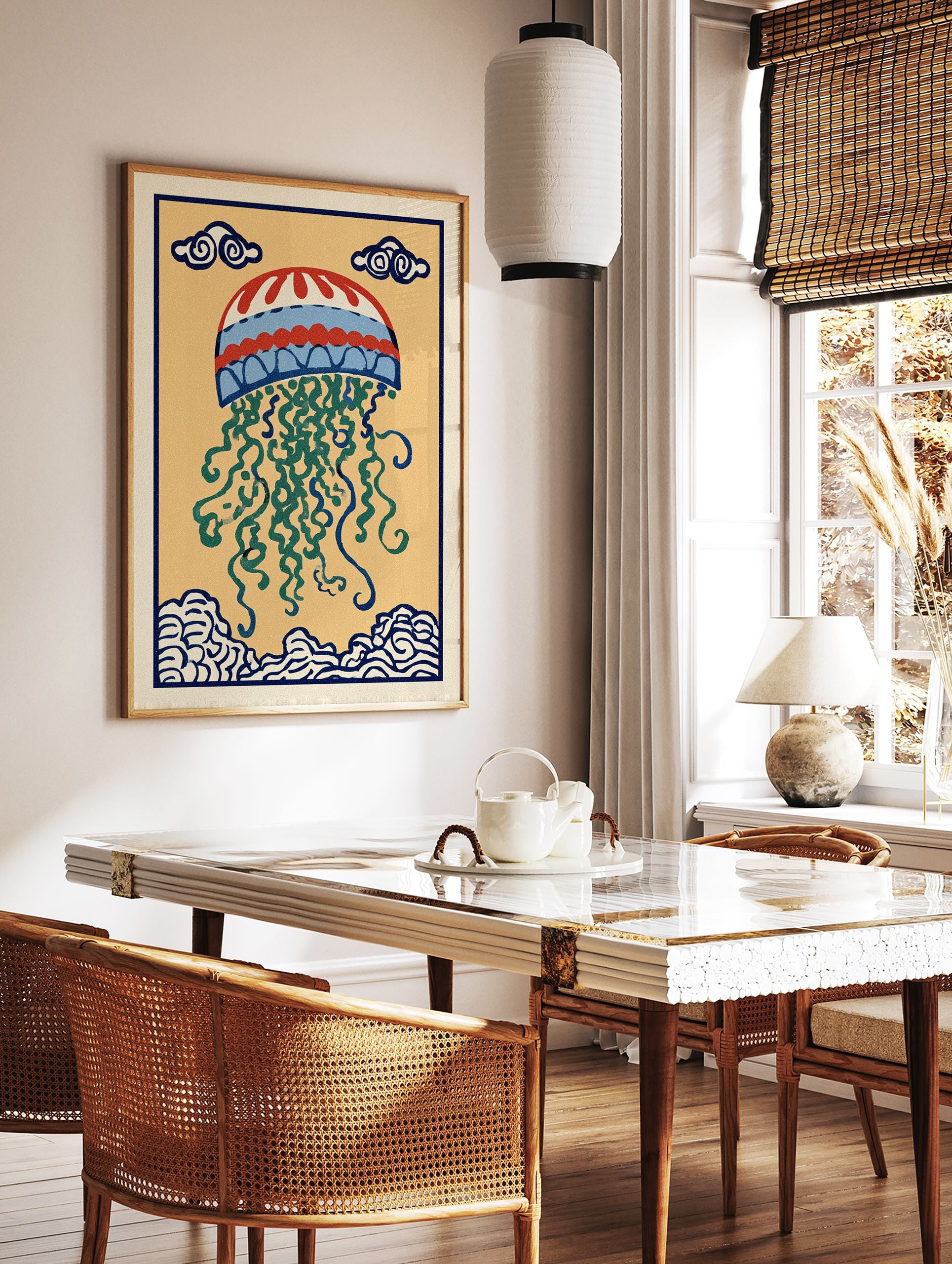 Illustrative jellyfish wall art print with red, blue, green, and yellow colors, featuring traditional cloud and wave motifs. - Image 2