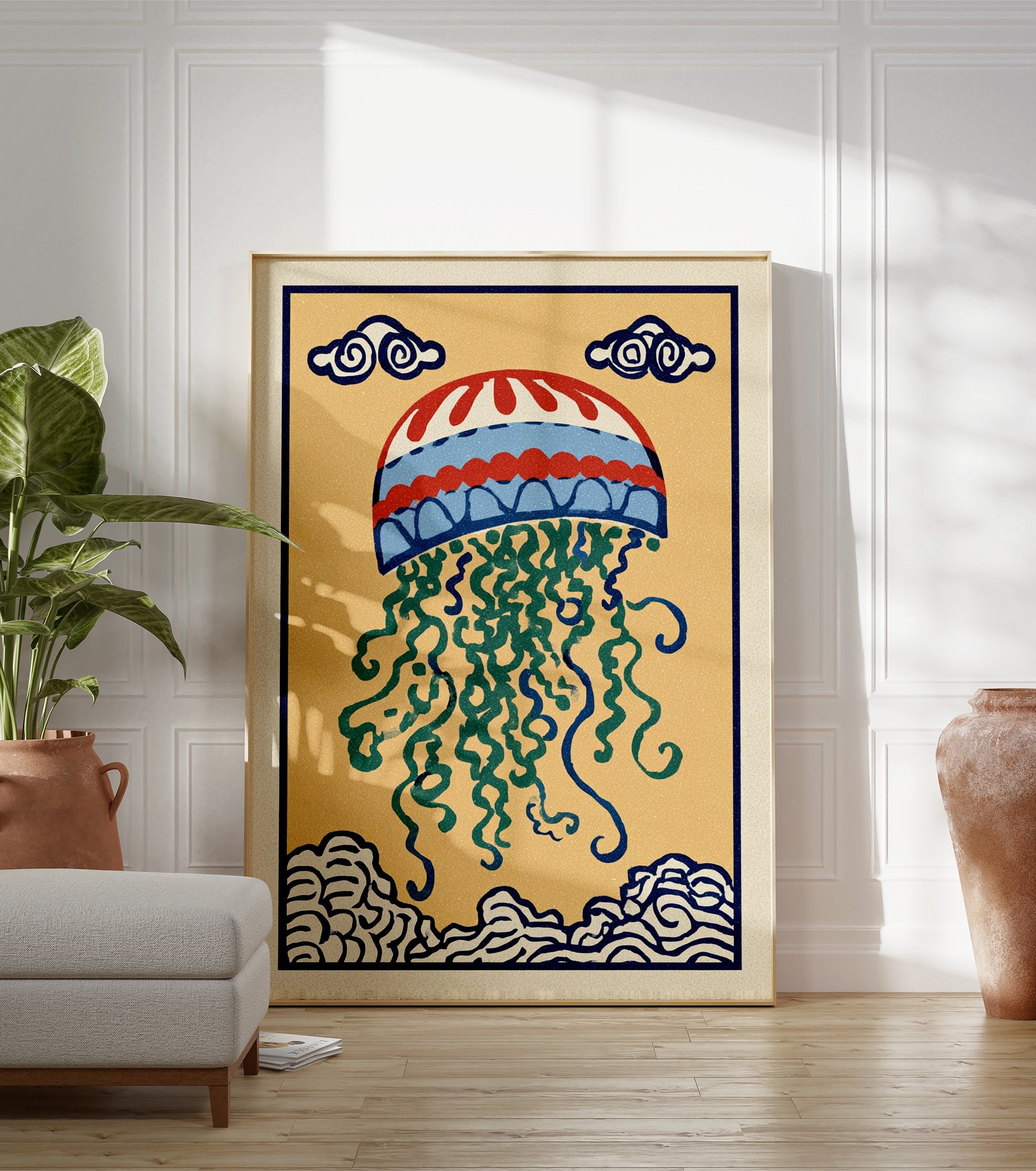 Illustrative jellyfish wall art print with red, blue, green, and yellow colors, featuring traditional cloud and wave motifs. - Image 3