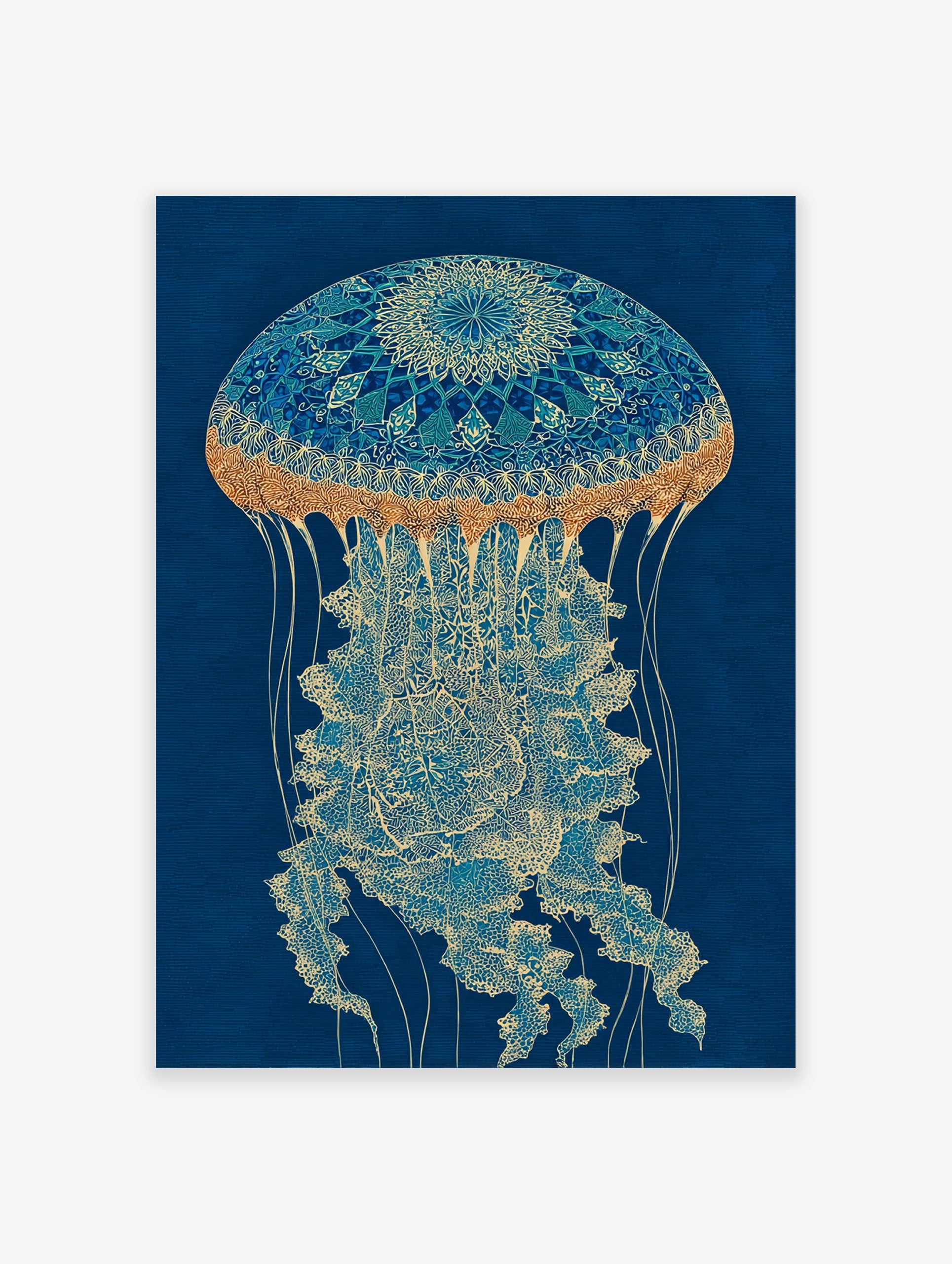 Intricate blue and gold jellyfish wall art illustration on a dark blue background, featuring mandala-like patterns.