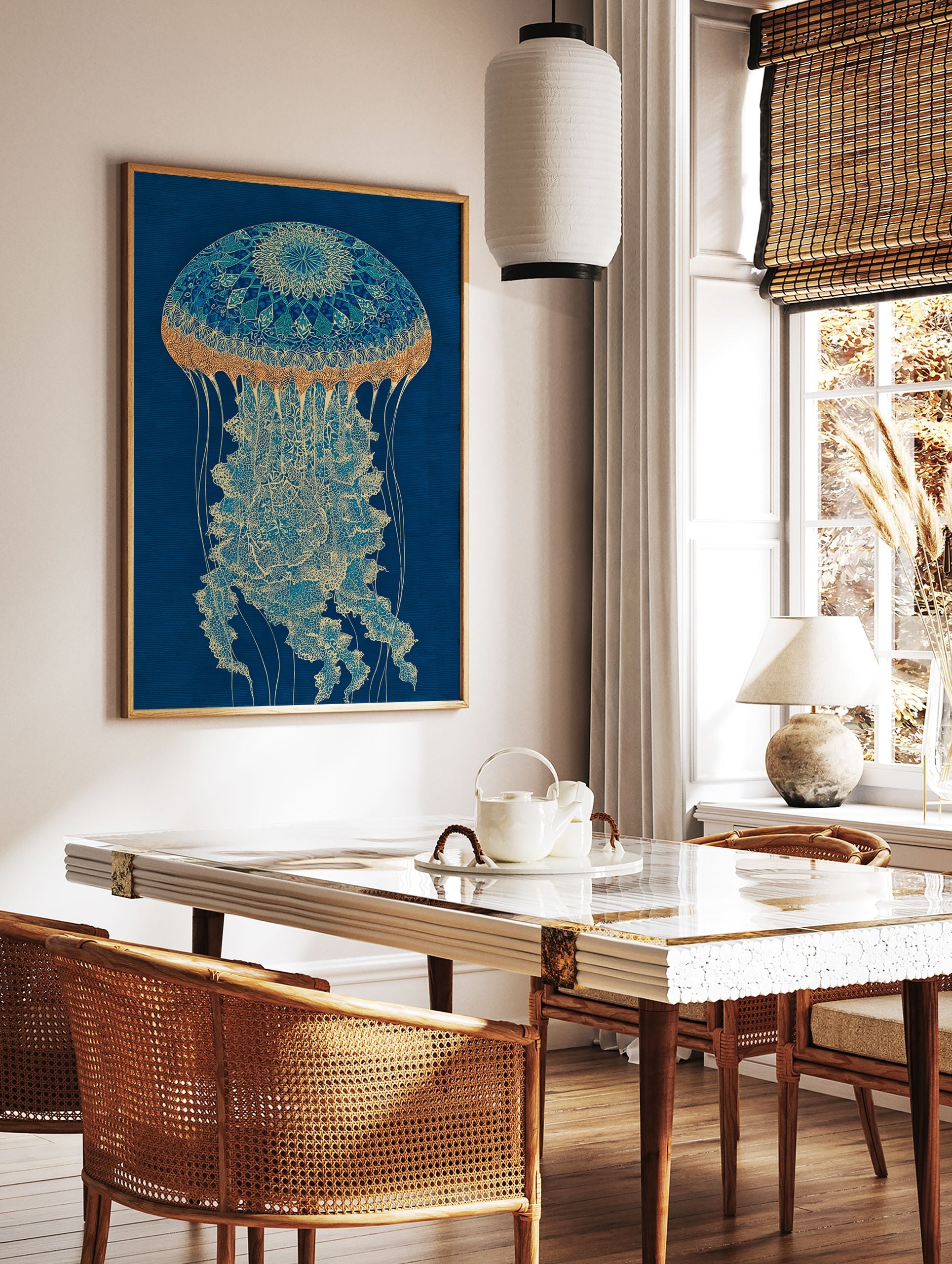 Intricate blue and gold jellyfish wall art illustration on a dark blue background, featuring mandala-like patterns. - Image 2