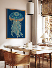 Intricate blue and gold jellyfish wall art illustration on a dark blue background, featuring mandala-like patterns. - Image 2
