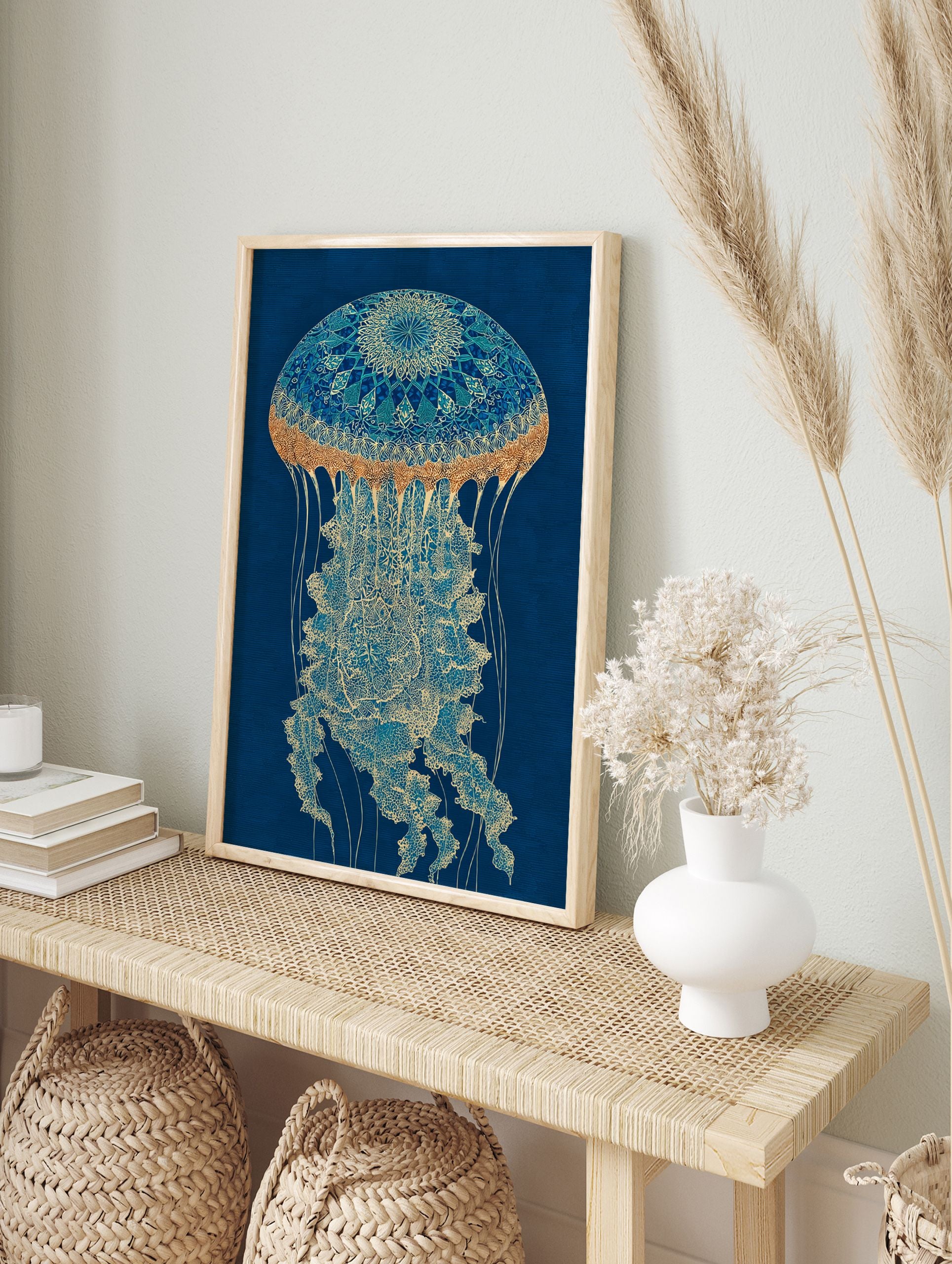 Intricate blue and gold jellyfish wall art illustration on a dark blue background, featuring mandala-like patterns. - Image 3