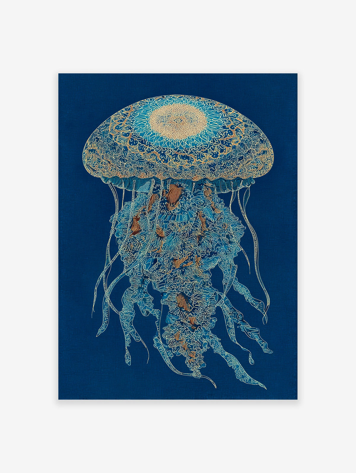 Intricate blue and gold jellyfish wall art print on a deep blue background with detailed patterns and flowing tentacles.