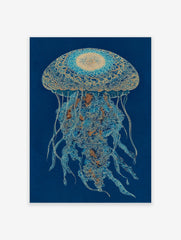 Intricate blue and gold jellyfish wall art print on a deep blue background with detailed patterns and flowing tentacles.