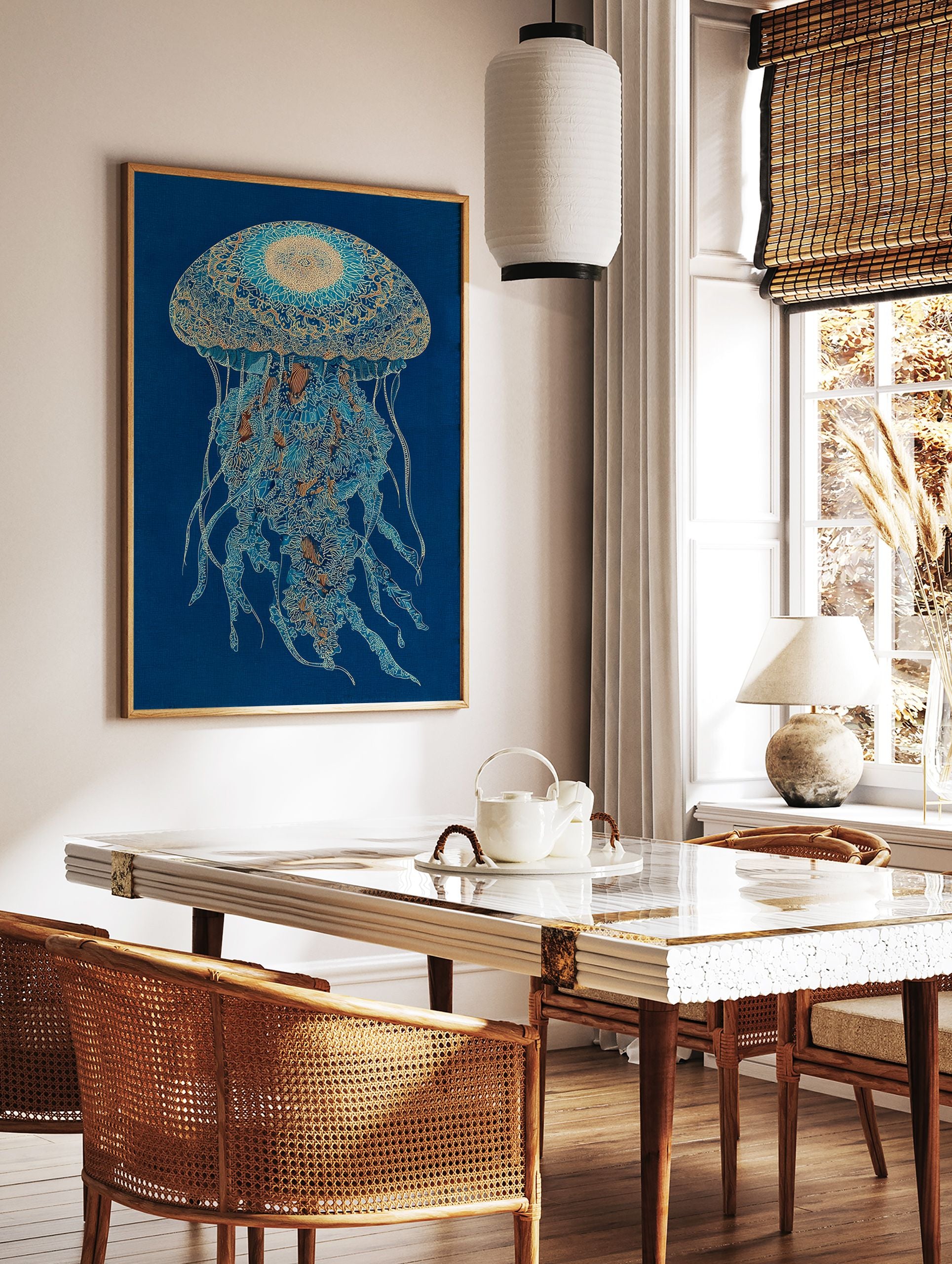 Intricate blue and gold jellyfish wall art print on a deep blue background with detailed patterns and flowing tentacles. - Image 2