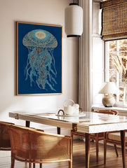 Intricate blue and gold jellyfish wall art print on a deep blue background with detailed patterns and flowing tentacles. - Image 2