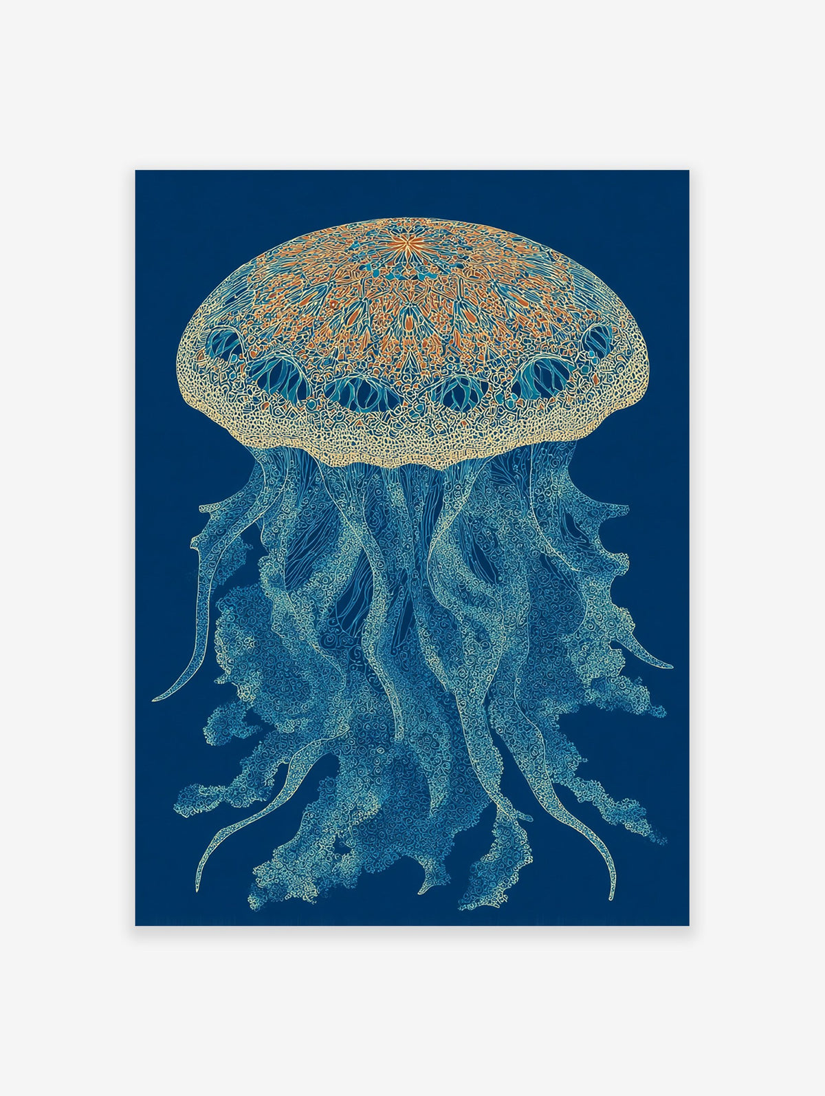 Intricate blue and gold jellyfish wall art illustration on a deep blue background, featuring detailed patterns and tentacles.