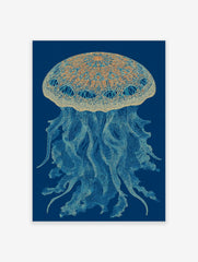 Intricate blue and gold jellyfish wall art illustration on a deep blue background, featuring detailed patterns and tentacles.