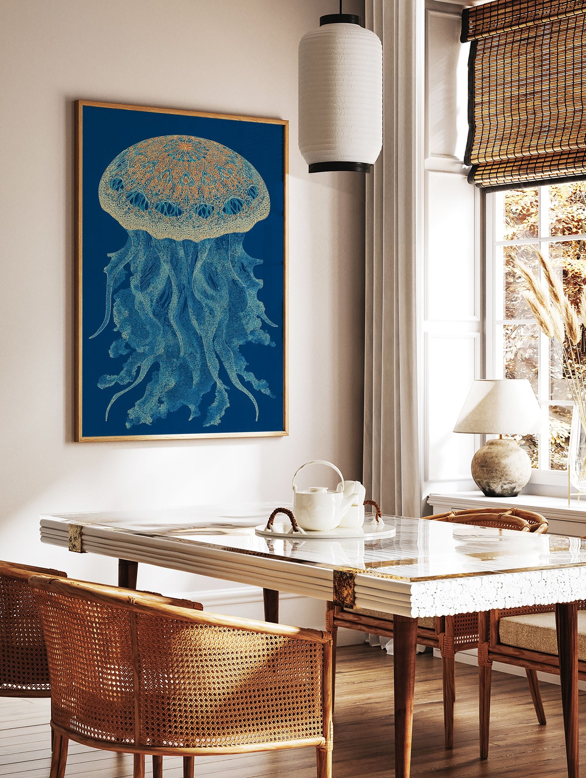 Intricate blue and gold jellyfish wall art illustration on a deep blue background, featuring detailed patterns and tentacles. - Image 2