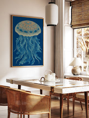 Intricate blue and gold jellyfish wall art illustration on a deep blue background, featuring detailed patterns and tentacles. - Image 2