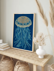 Intricate blue and gold jellyfish wall art illustration on a deep blue background, featuring detailed patterns and tentacles. - Image 3