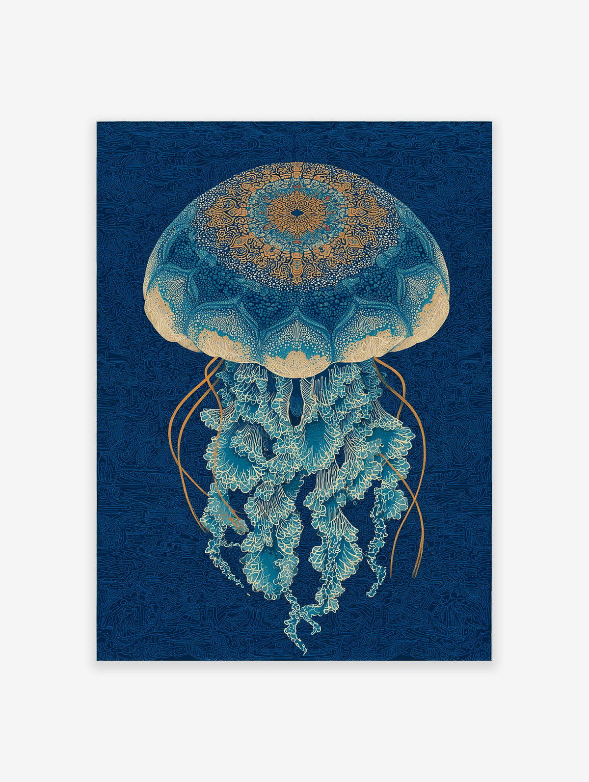 Intricate blue and gold jellyfish wall art print with mandala-like patterns on a deep blue background.