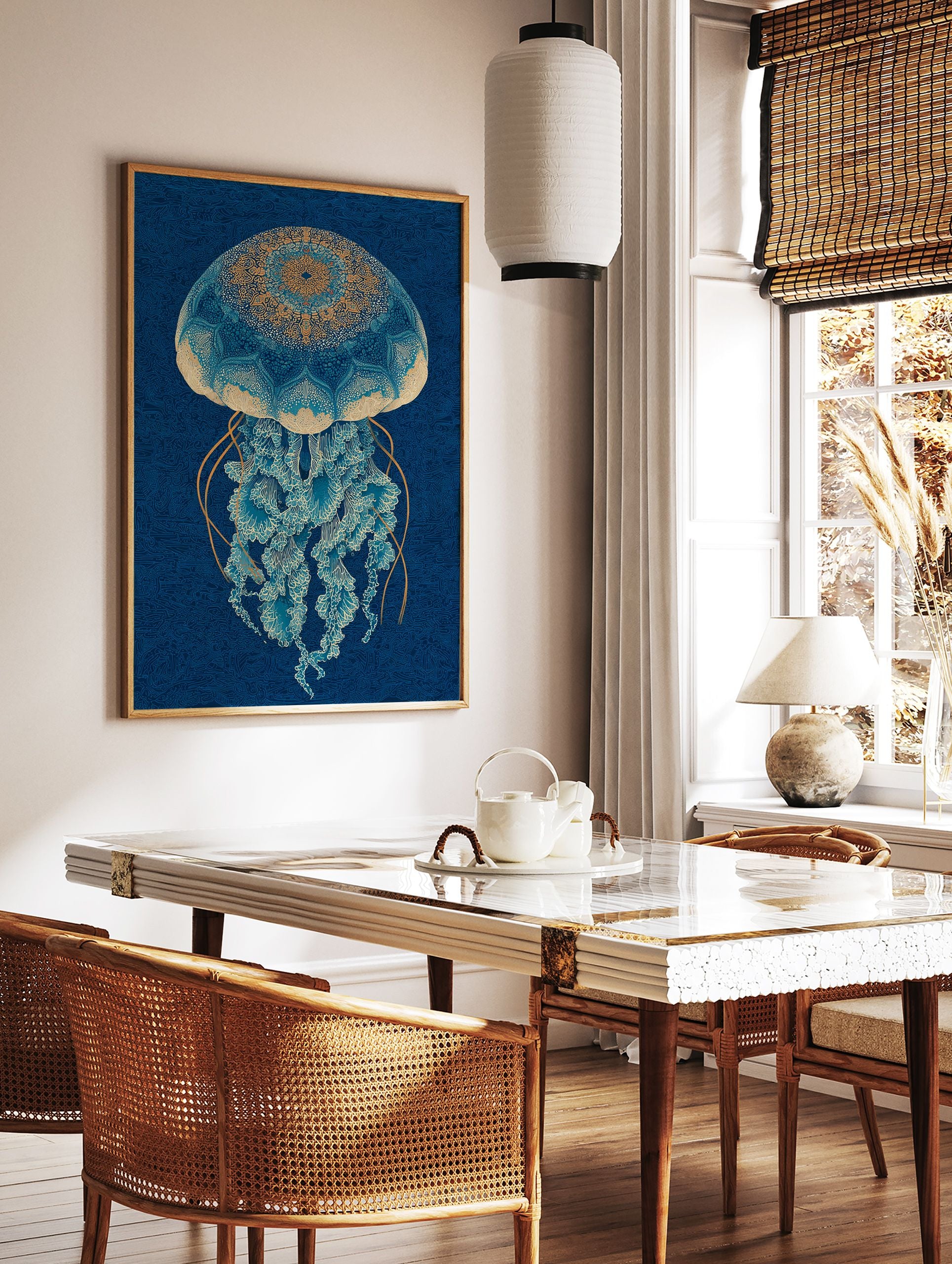 Intricate blue and gold jellyfish wall art print with mandala-like patterns on a deep blue background. - Image 2