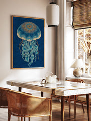 Intricate blue and gold jellyfish wall art print with mandala-like patterns on a deep blue background. - Image 2