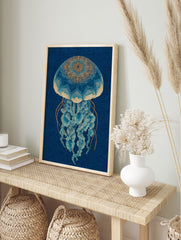 Intricate blue and gold jellyfish wall art print with mandala-like patterns on a deep blue background. - Image 3