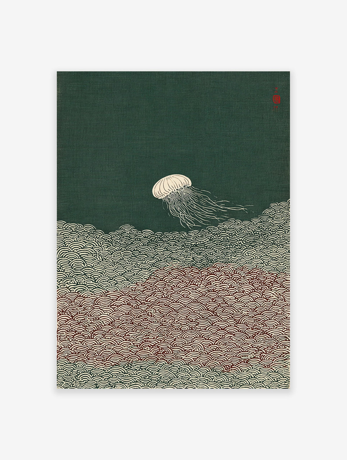 Japanese style jellyfish wall art print with white jellyfish and waves on a dark green background with a red seal.
