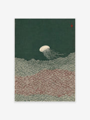 Japanese style jellyfish wall art print with white jellyfish and waves on a dark green background with a red seal.