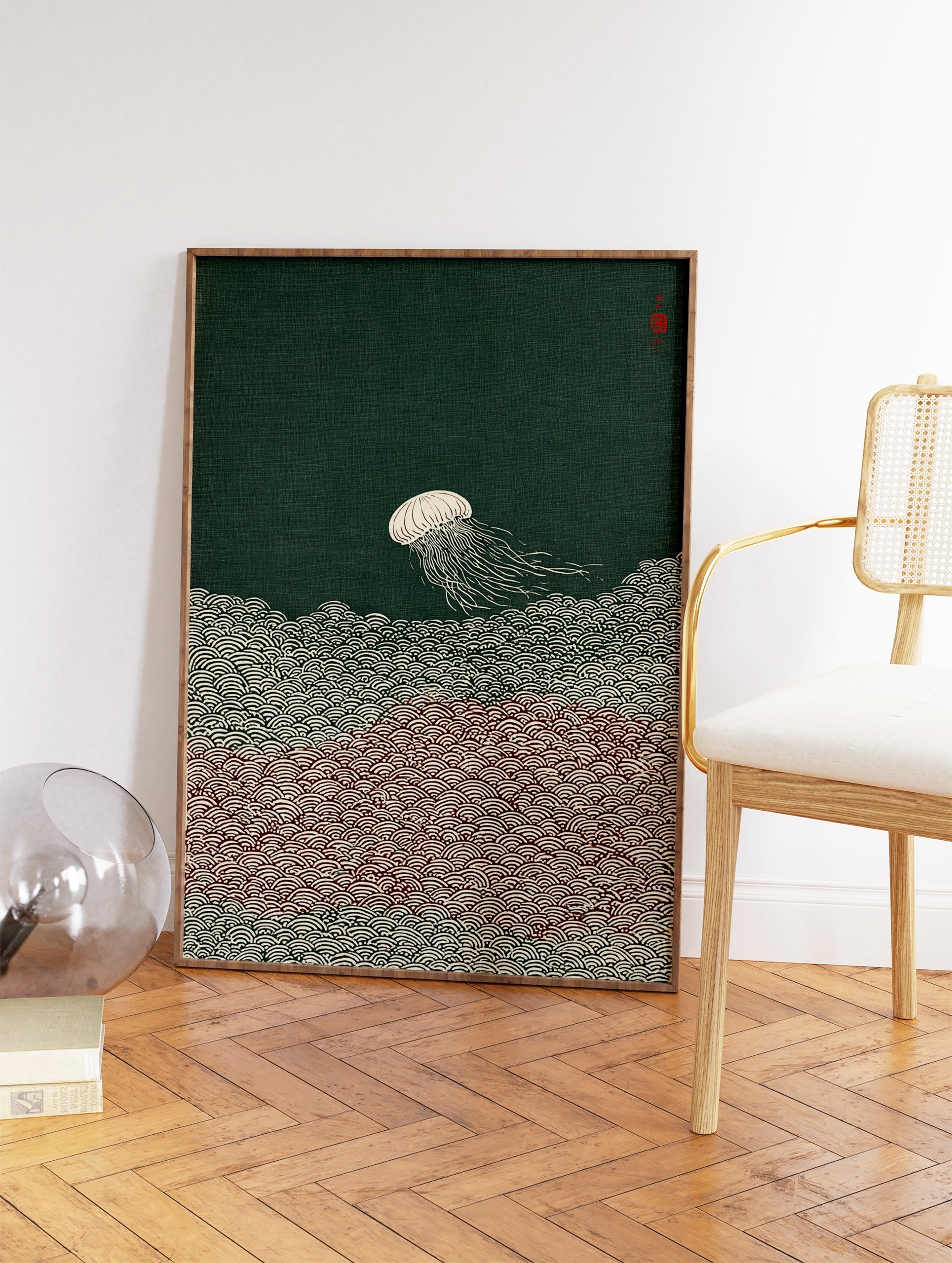 Japanese style jellyfish wall art print with white jellyfish and waves on a dark green background with a red seal. - Image 2